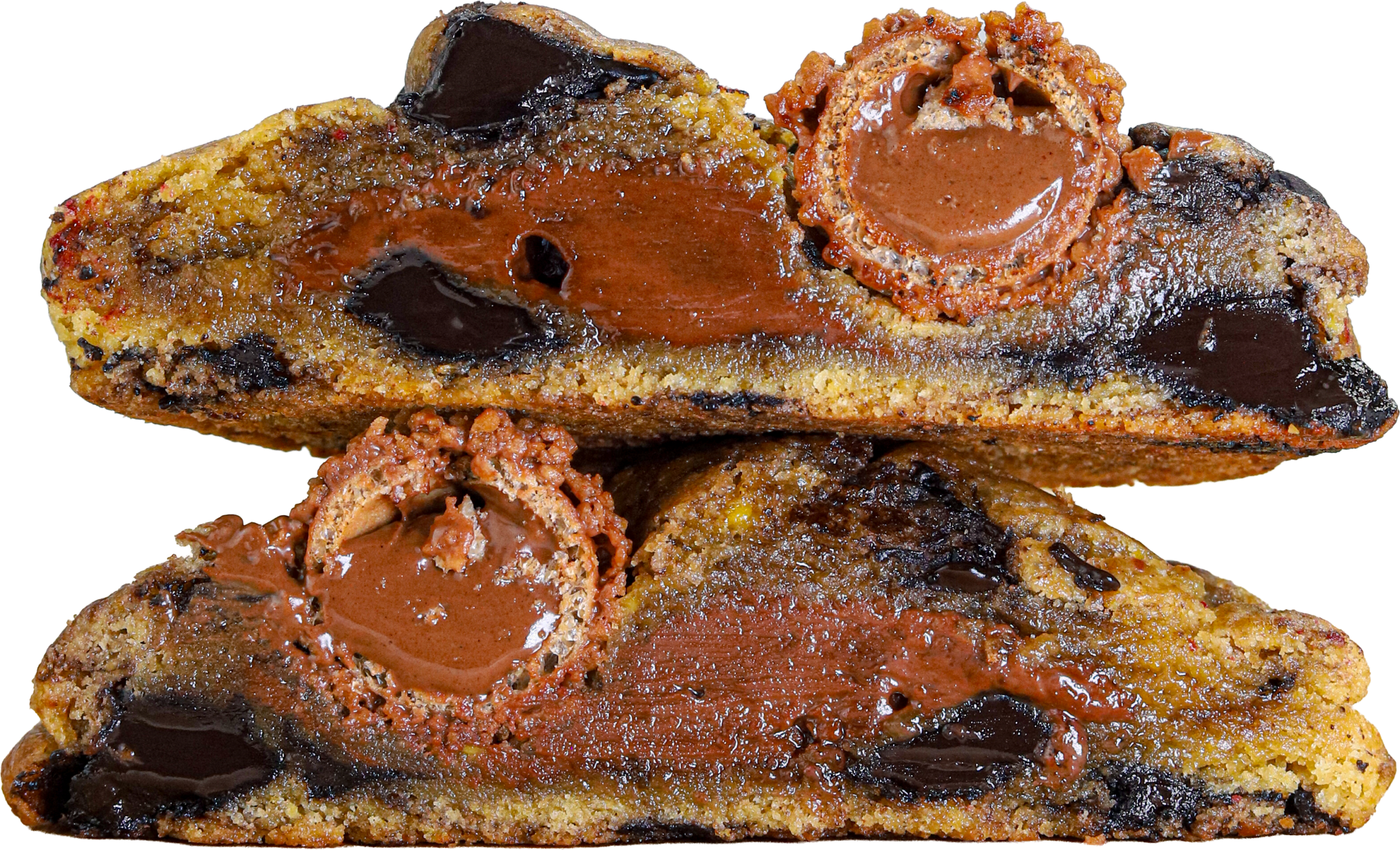 Nutella-filled cookie cut in half to show the filling